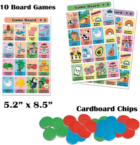 Bilingual Bingo Game Set - Mexican Bingo for 10 Players with 10 Boards, Full Deck of Cards and Chips