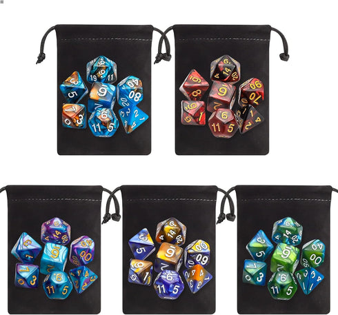 CiaraQ Polyhedral Dice Set (35 Pieces) with Black Pouches - 5 Complete Double-Colors Dice Sets for Dungeons and Dragons