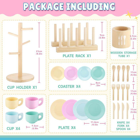 Set -27Pcs Set, 3-5, GAGAKU Kids Wooden Play Dishes Montessori Play Kitchen Accessories Plates and Bowls Storage Stand