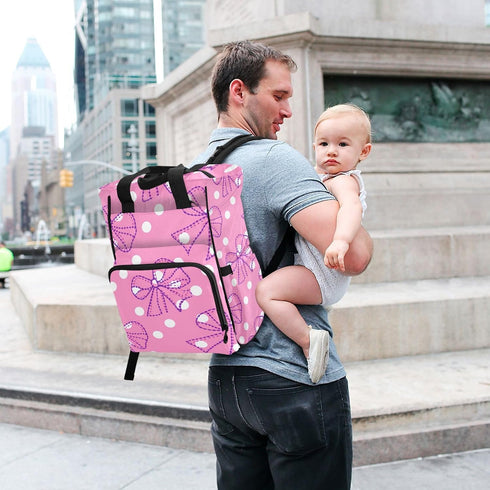 Jihqo Backpack 10L Diaper Bag Pink Polka Dots Bows Travel Diaper Bags for Women, Functional Baby Changing Bag