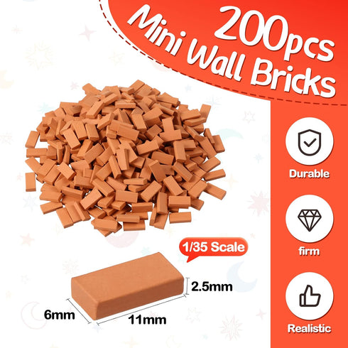 Mini Bricks Tiny Bricks for Landscaping Red Miniature Bricks Model Brick Wall Small Bricks for Crafts Realistic Fake Bricks Mini Blocks for Dollhouse Garden Accessories, 1/35 Scale (200 Pcs)