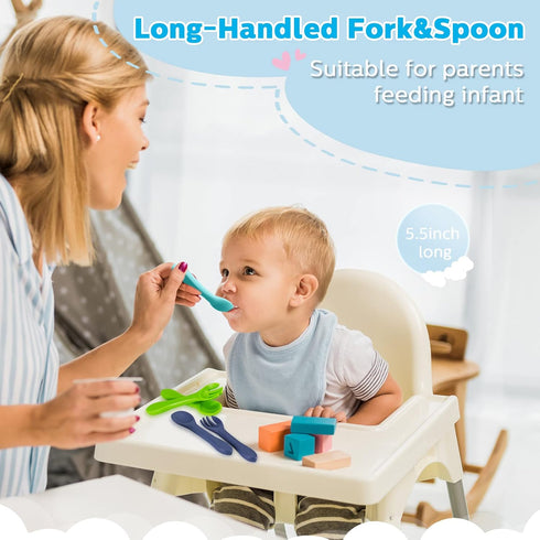 Nuenen 6 Pieces Silicone Baby Feeding Forks and Spoons Set - Hot Safety First Stage Self Feeding Supplies Mini Kids