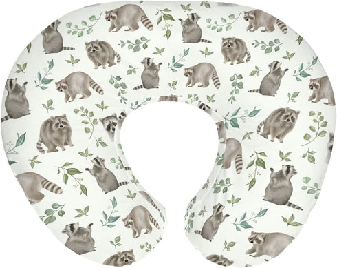 Watercolor Raccoon Baby Nursing Pillow Covers for Boy Girl Raccoons Green Leaves