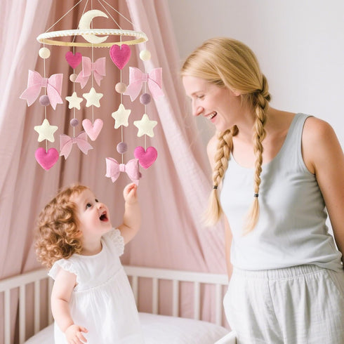 Baby Mobile for Crib Pink Bow Baby Crib Mobile for Girls Handmade Coquette Bow Nursery Decor for Infant Bedroom Hanging