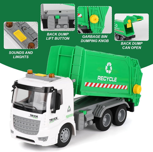 Mscredse 11" 3-7 Mini Garbage Truck Toy, Trash Truck Toy with Dumping Function, Friction Powered, Sound and Lights