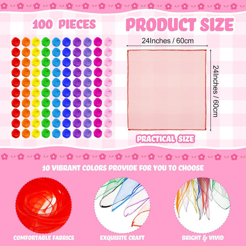 Toulite 100 Pcs Classic Colors Square Dance Scarves, 24 x 24 Inches, Bulk Juggling Performance Props Accessories