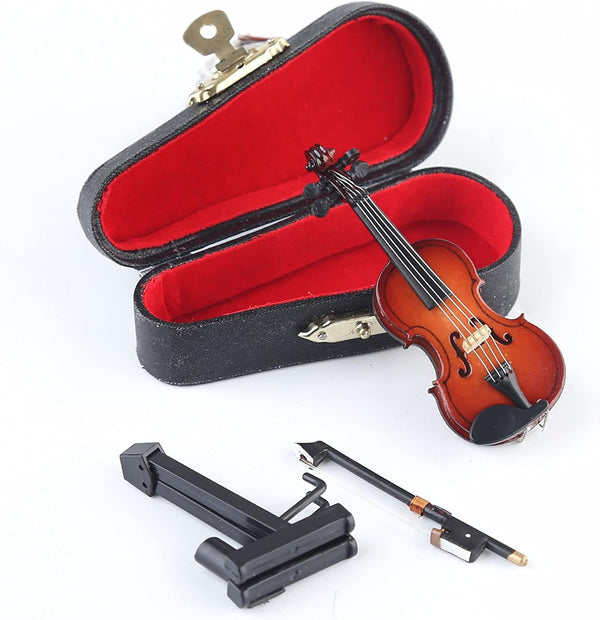 Wooden Miniature Violin with Stand, Bow, and Case, Collectible Musical Instrument Replica, 3.15"x1.18"x0.59"