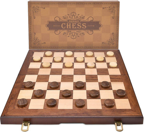 AMEROUS Wooden Chess & Checkers Set - 15 Inches (2 in 1) with Upgraded Weighted Chess Pieces, Gift Package
