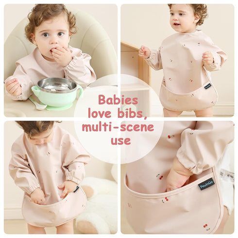 Baby Bibs with Long Sleeve Bib & BLW, Coverall Bibs for Baby Feeding, PU Soft and Skin-Friendly Material, Machine