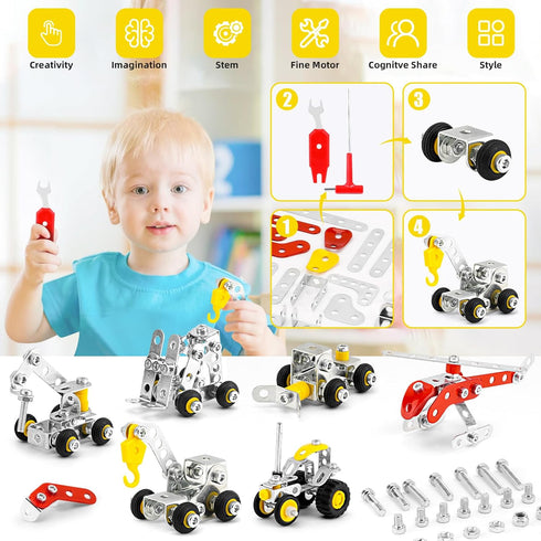 Stem Building Toys, Metal Construction Vehicles & Helicopter Model kit 6 Models, 272 PCS Erector Sets for Boys Age 8-12, Learning Toy Metal Models