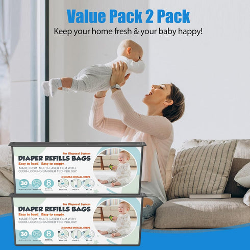 Zippland 30 7-Layer 2 Pack (60 Diaper Pail Refills Bags with Bags Compatible with Genie Easy Roll Signature