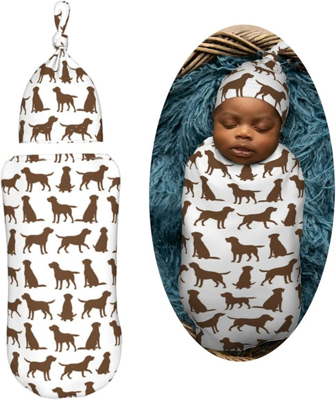 Sets Brown Labrador Retriever Dog Newborn Swaddle Blankets Hat Soft Baby Receiving Blanket Swaddle Sack for Baby Shower