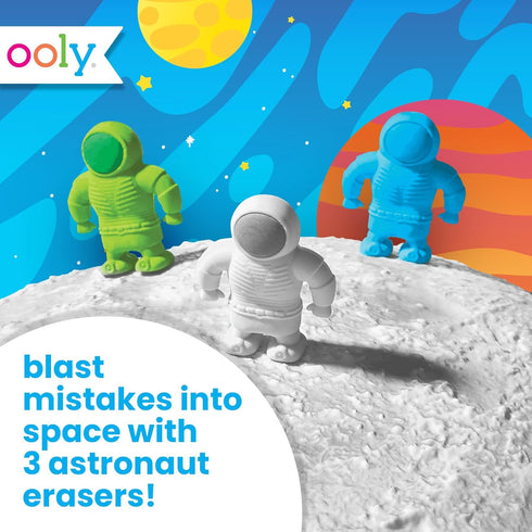 OOLY Astronaut Erasers Set of 3, 1.75" Tall - Blue, Green, White Novelty Erasers for School, Home, Office, Speech