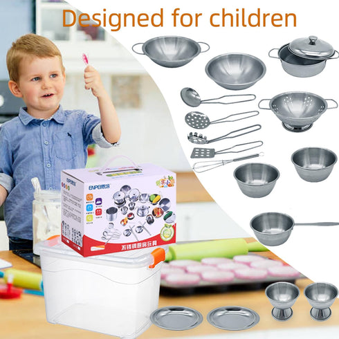 Kids Kitchen Pretend Play Toys Accessories with Stainless Steel Cookware Pots and Pans Set, Classic Cooking Utensils