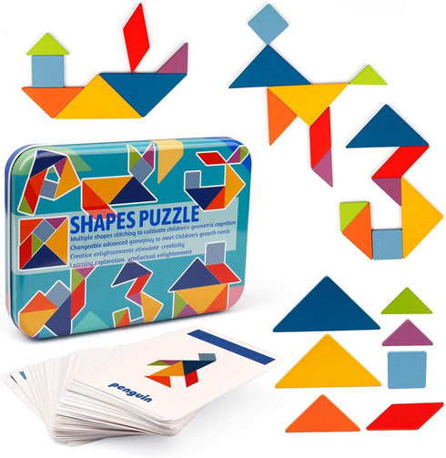 Vanmor Wooden Tangrams Sets, Educational Toy Pattern Blocks, Shape Card Brain Teaser Puzzles, Travel Games for Kids 4-8
