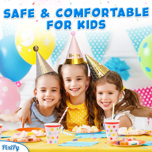 PixiPy Birthday Party Hats for Kids, 12 pc Colorful Cone-Shaped 7 inch Celebration Headwear Supplies