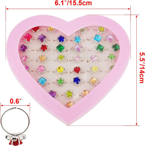 36pcs Adjustable Rhinestone Gem Rings Set for Little Girls with Heart Shape Display Case, Jewelry Rings