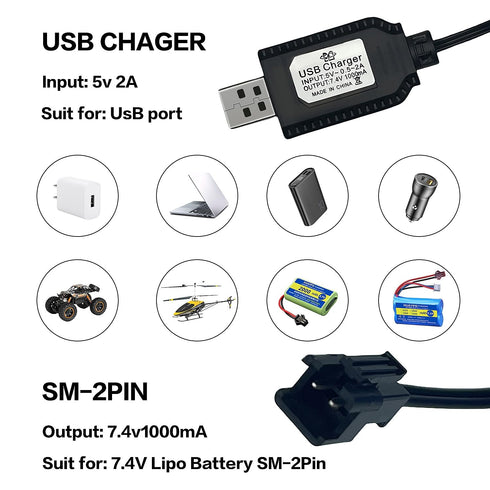 BaiWeiDun 7.4V SM-2PIN 7.4V 2S 1) USB Charger Cable with Plug Compatible RC Car RC Plane RC Tank RC Boat and Other