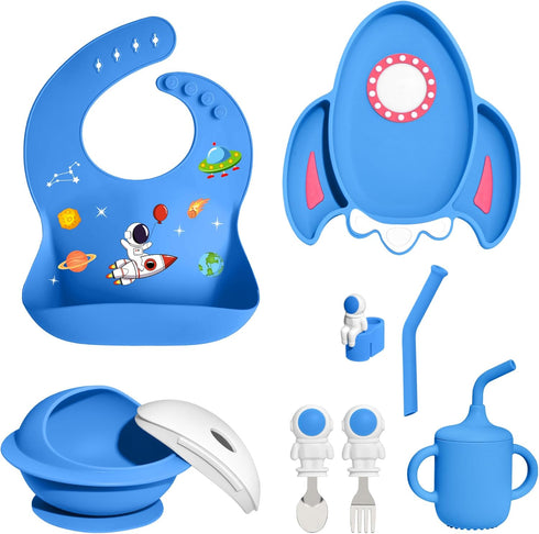 7 Pieces Silicone Baby Feeding Set, Food-Grade Astronaut Theme, Suction Plate, Bowl, Spoon, Fork, Bib, Cup for 6+