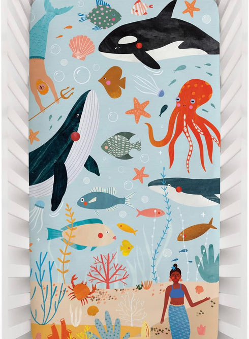 Rookie Humans 100% Cotton Sateen Fitted Crib Sheet: Beyond The Reef. Modern