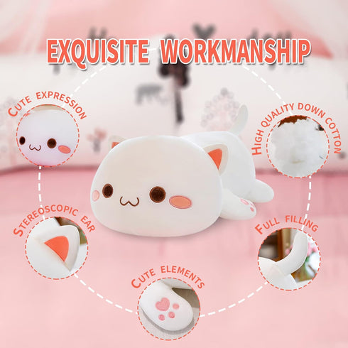FUYU Cat Stuffed Animals, Soft Cat Plush Pillow Kawaii Kitten Toy Gifts for Kids Boys Girls Room Decor (White Round