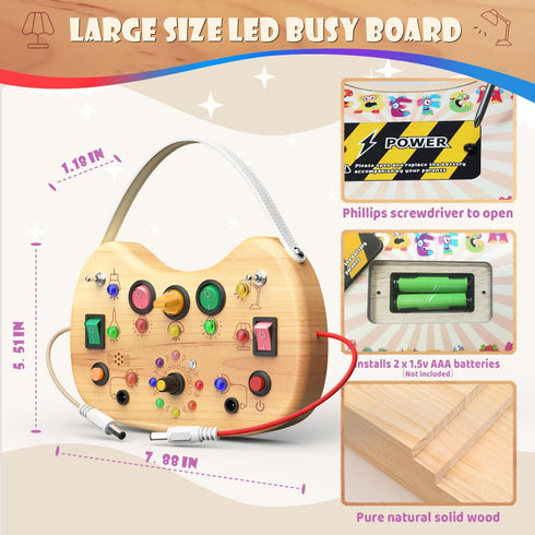 1-3 UdoUto Montessori Wooden Busy Board for Toddlers with LED Light Lights & Switches,Portable Activity Board for Car
