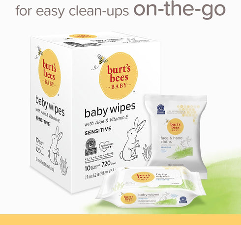 Unscented Natural Baby Wipes by Burt’s Bees - 72 Wipes in 10 Pack for Sensitive Skin with Aloe and Vitamin E