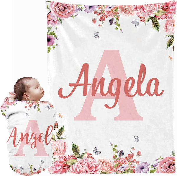 EVER2000 Personalized Baby Blanket for Girls, Custom Floral Baby Blanket with Name,