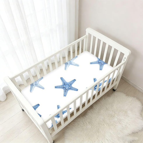 CZXW 52" 28" Starfish Sea Blue Crib Sheets Fitted x Natural Cotton Soft & Breathable for Baby Crib Mattress
