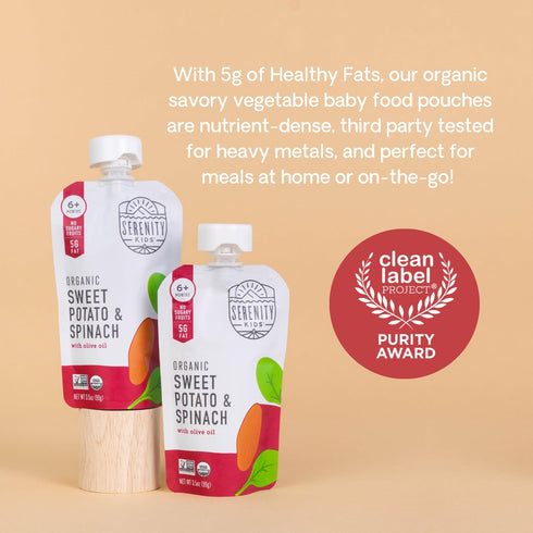 Serenity Kids 6+ Months USDA Organic Veggie Puree Baby Food Pouches | Sweet Potato & Spinach | 3.5 Ounce BPA-Free Pouch