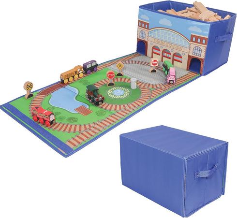 Train Storage Bin and Play Mat - Wooden Railway Take-Along Storage Box