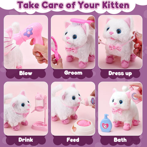 3 4 5 6 7 8 G.C Cat Toys for Kids Girls, Electronic Interactive Stuffed Cat Walk Meow and Wag Tail with Stroller Pet
