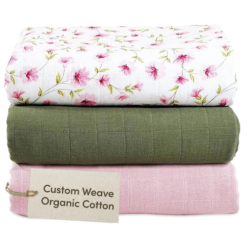 MOZAH Organic Muslin Swaddle Blankets - Pink, Olive and Pink Leaves -
