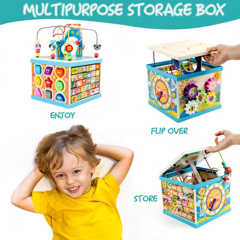 Qilay Wooden Activity Cube for Toddlers 1-3, 5 in 1 Multipurpose ABC-123 Abacus Montessori Learning Toys for 1-3 Year
