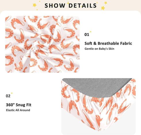 KEIGE Pack 21165117 Shrimp Seafood Fitted Crib Sheet for Girls and Boys,Soft Breathable Cotton N Play Baby Sheet