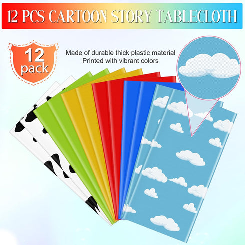 12 Pack Blue Sky and White Cloud Tablecloth, Cartoon Story Mix Color Plastic Disposable Rectangle Cover for Baby Shower