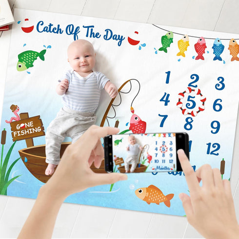 Gone Fishing Baby Monthly Milestone Blanket, Little Fisherman Bobber Photo Prop Ideas for Newborn Boy & Girl, 40" X 50"