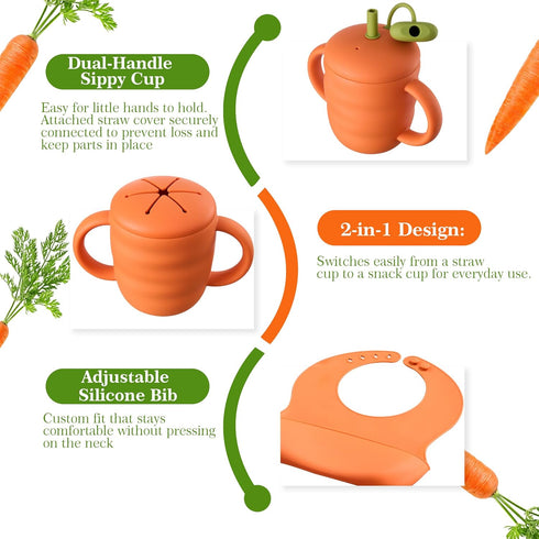 Cozy Rock Set, Set 2-in-1 Silicone Baby Feeding Carrot Design BLW Toddler Feeding with Suction Plate & Bowl, Bib, Fork
