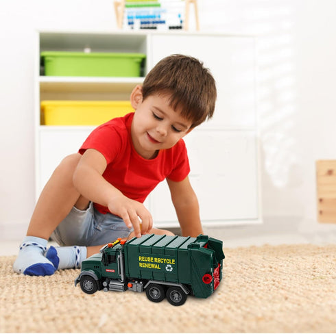 Big Garbage Truck Toys for Boys, Inertial Powered Push Car with Lights and Sounds, Trash Truck Model with 3 Garbage Cans