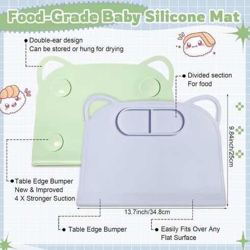 2 Pack Domensi Silicone Suction Placemat with Teething Edge Bumper/Spill for Baby Toddlers Kids with Storage Bag