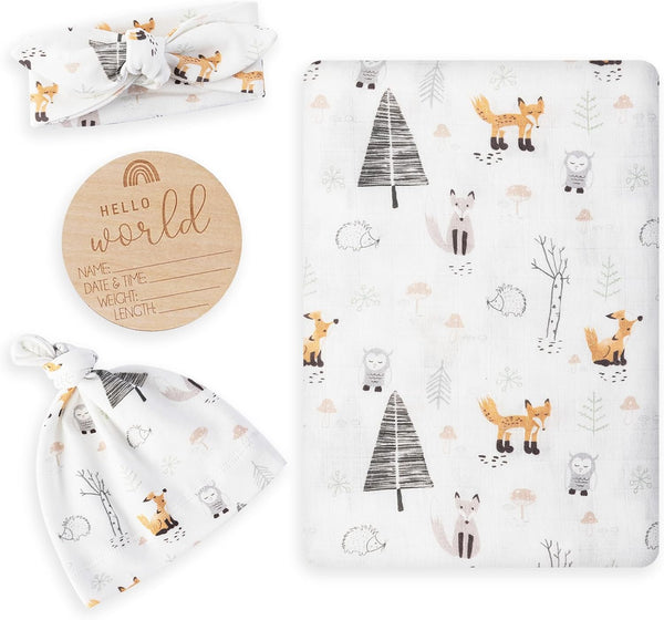 BabyWhale Muslin Swaddle Blanket with Hat and Headband Bow, Animals Print Swaddle