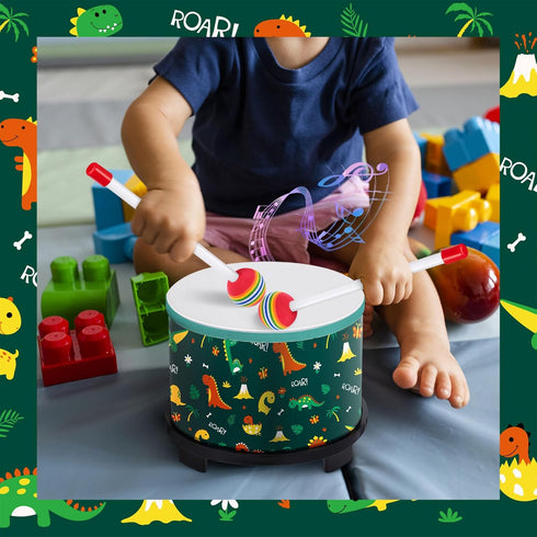 8'' 6.5'' 2 Boao Floor Tom Drum for Kids W x H Wooden Percussion Instrument Music Drum with Rainbow Mallets Dinosaur
