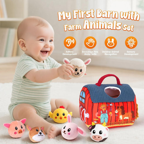 6-12 6 Baby Toys Months - Soft Barn with Stuffed Farm Animals Toy, Montessori Toys for Months Infant Boys Girls Sensory