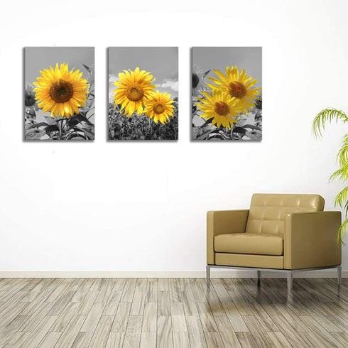 USIXA 3 1216 Inches Sunflower Wall Art for Living Room Black White Flowers Wall Decor Yellow Floral Canvas Prints
