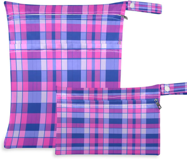 Haskirky Blue Purple Bold Plaid 2 Pcs Cloth Diaper Wet Dry Bags,Waterproof and
