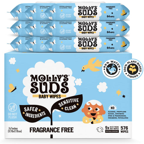 Molly's Suds Sensitive Clean Baby Wipes | 99% Water, Plant-Based, Fragrance Free