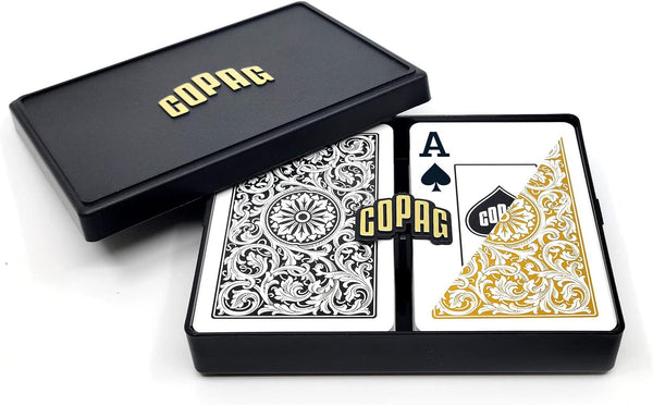 Copag 1546 Design Playing Cards - 100% Plastic, Bridge Size (Narrow) Black/Gold, Jumbo Index, 1 Set