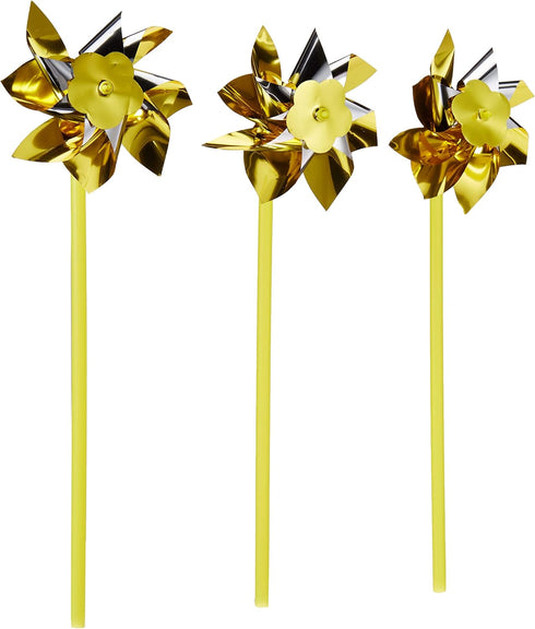 Bulk Pack of 50 Gold and Silver Two-Tone Pinwheels - 12" Tall with 10" Plastic Stem for Indoor and Outdoor Use