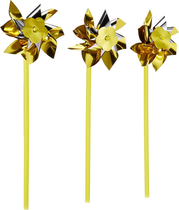 Bulk Pack of 50 Gold and Silver Two-Tone Pinwheels - 12" Tall with 10" Plastic Stem for Indoor and Outdoor Use