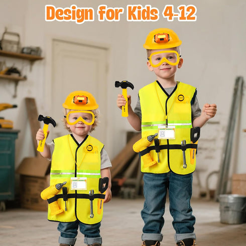 HUUIDY Set, 4+ Construction Worker Costume for Kids, Toddler Dress Up Clothes with Kids Tool Construction Vest & Hat